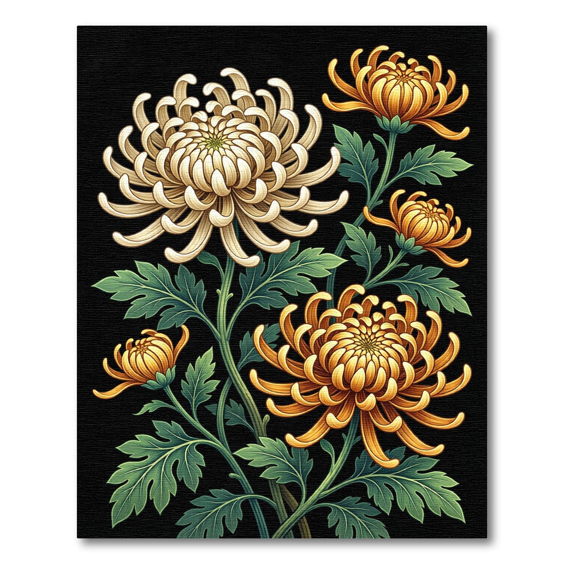 Golden Chrysanthemum Floral Black Botanical Rug