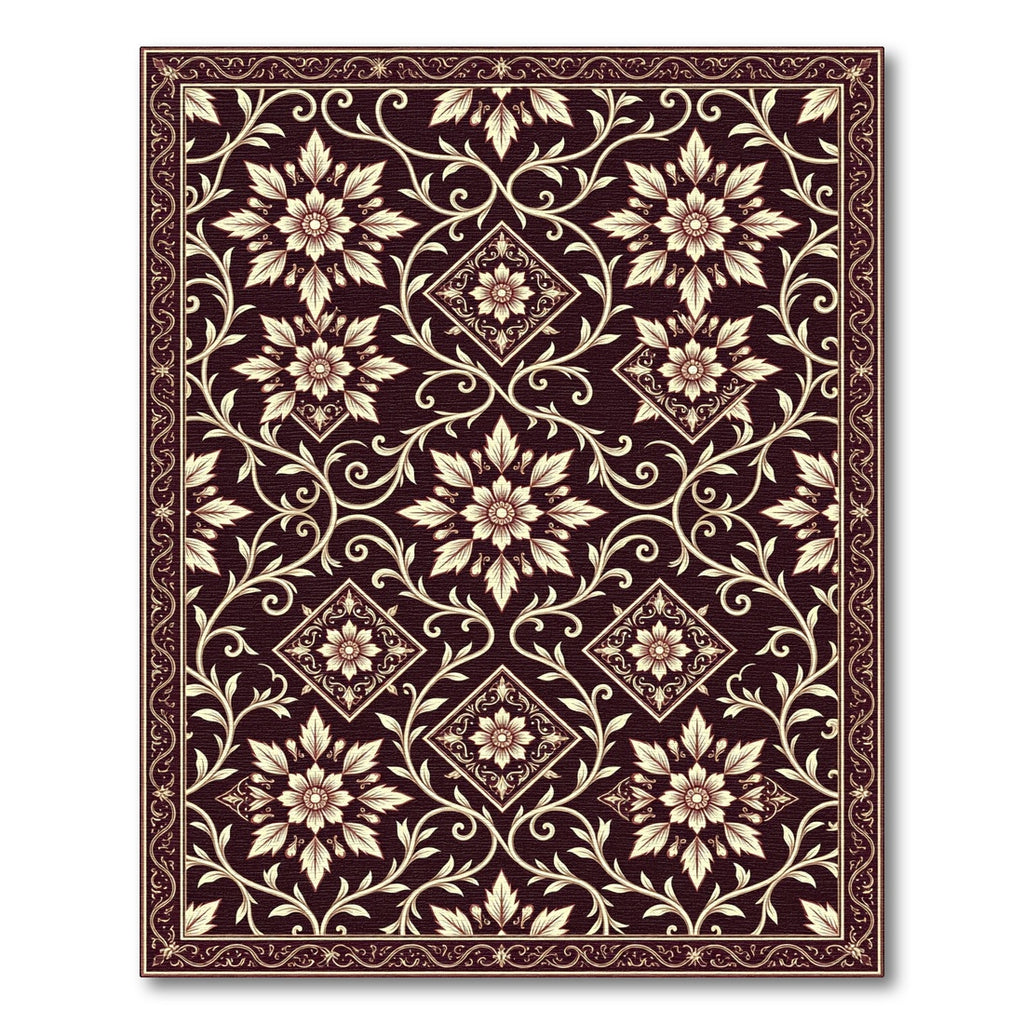 Deep Burgundy Floral Vine Medallion Rug
