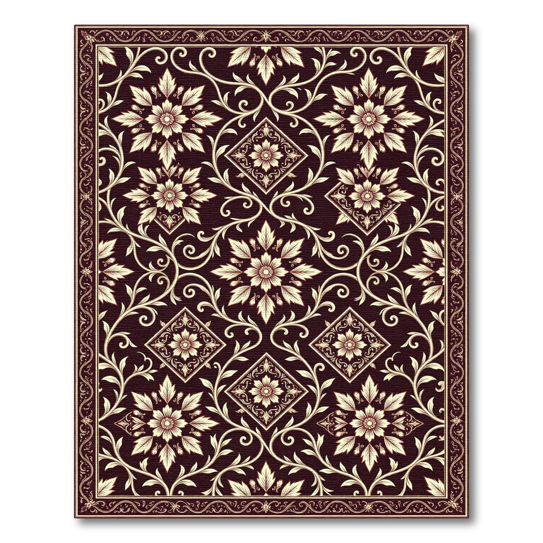 Deep Burgundy Floral Vine Medallion Rug