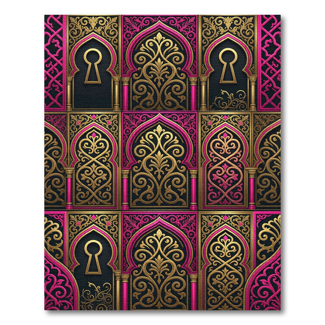 Opulent Gold and Magenta Archway Ornament Rug