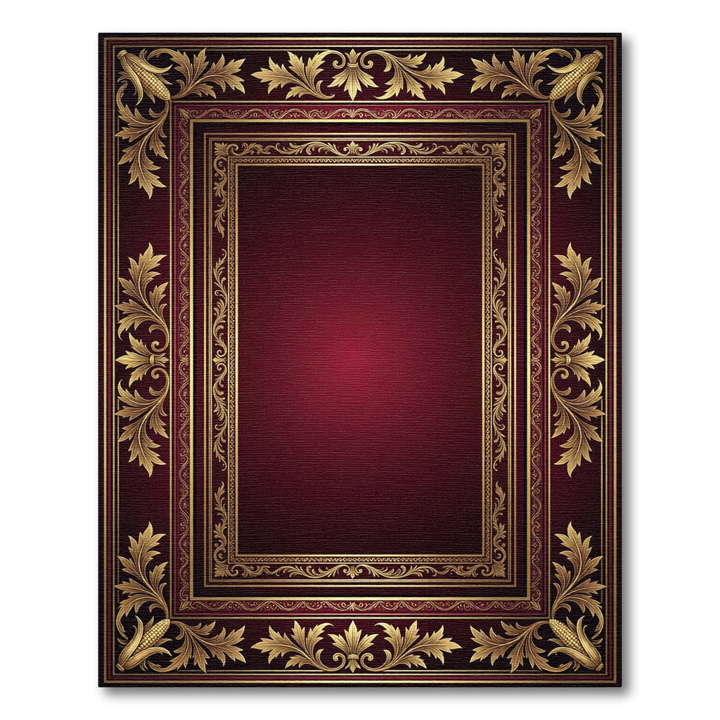 Ornate Gold Filigree Burgundy Border Rug