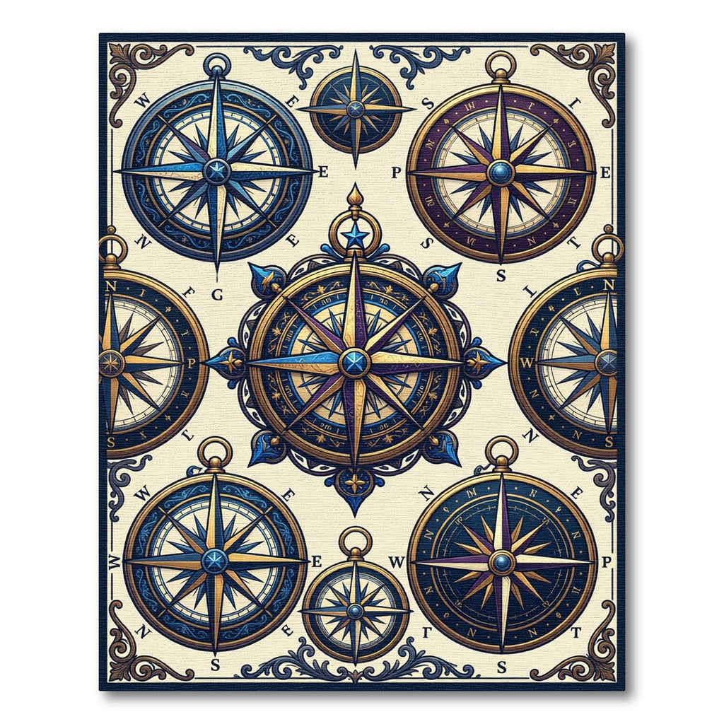 Nautical Blue Gold Compass Collage Rug
