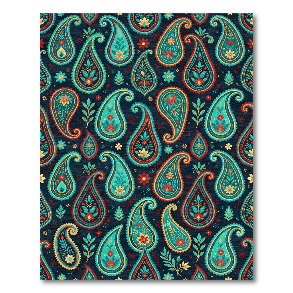 Teal Red Golden Paisley Floral Foulard Rug