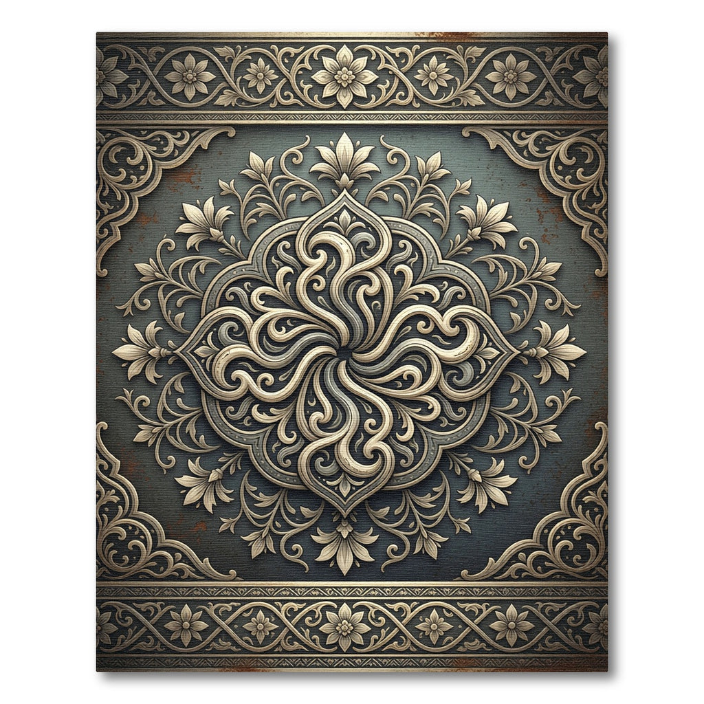 Ornate Floral Medallion Embossed Slate Rug