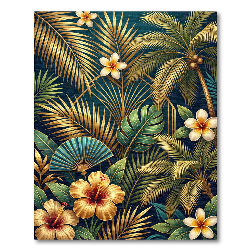 Golden Tropical Palm and Hibiscus Floral Rug