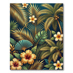 Golden Tropical Palm and Hibiscus Floral Rug