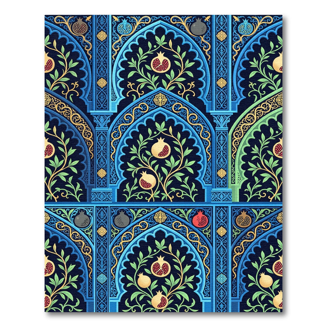 Deep Blue Pomegranate Archway Floral Rug