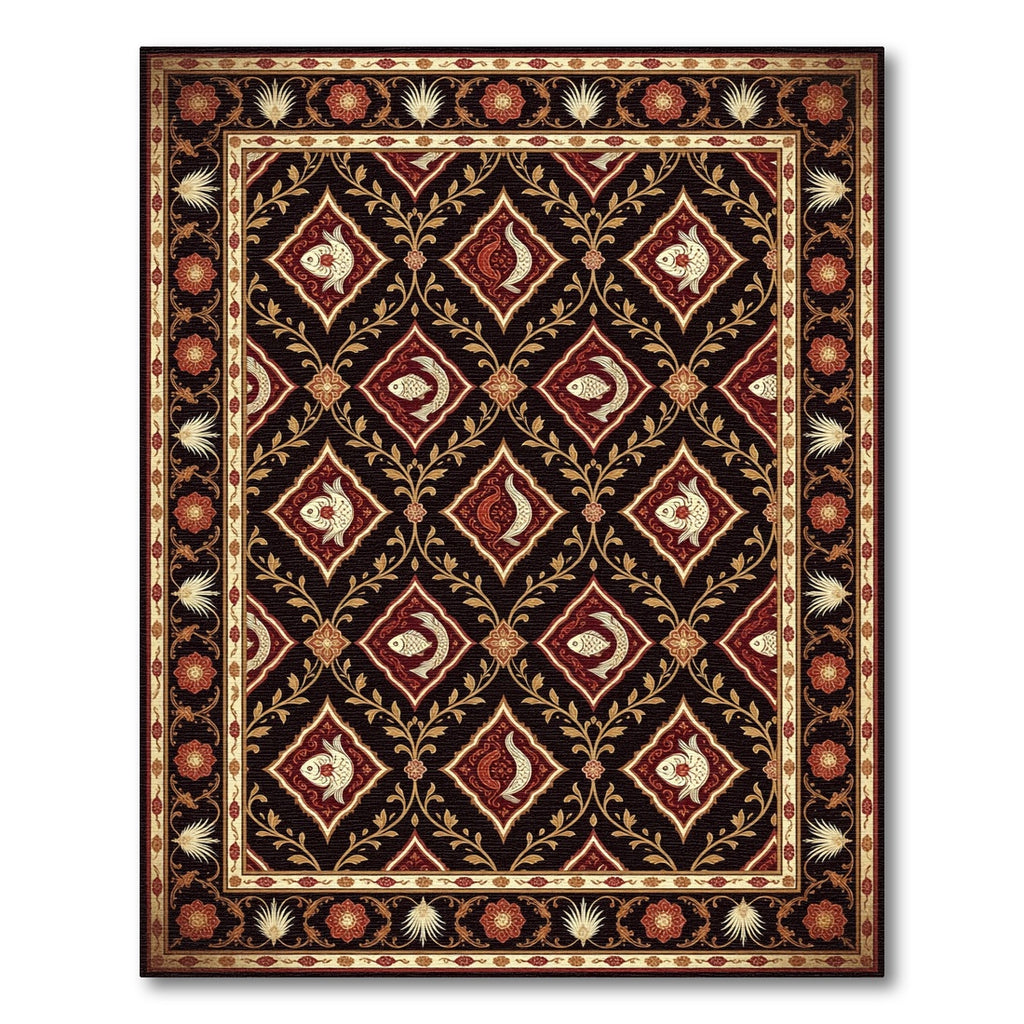 Deep Burgundy Floral Fish Diamond Tapestry Rug