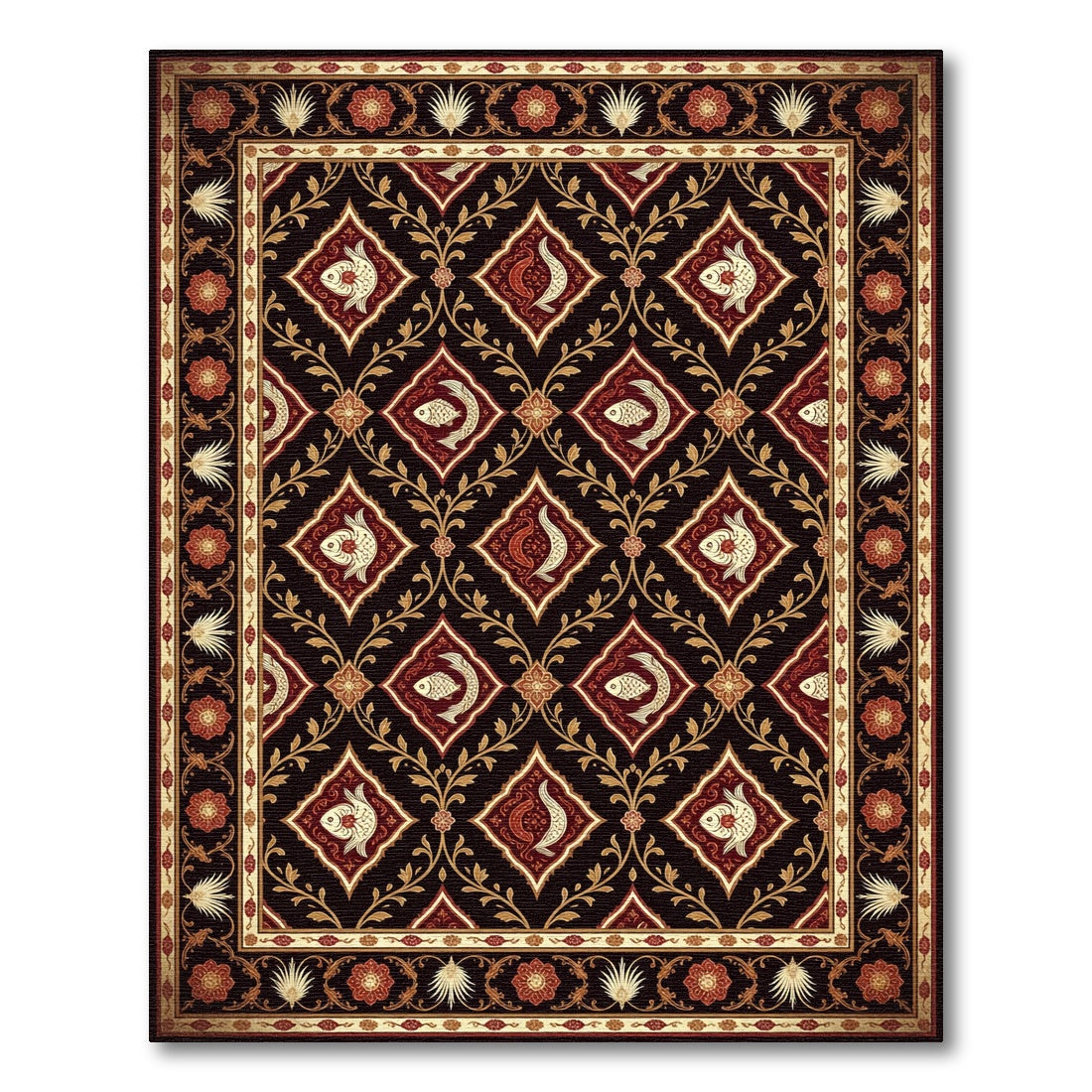 Deep Burgundy Floral Fish Diamond Tapestry Rug