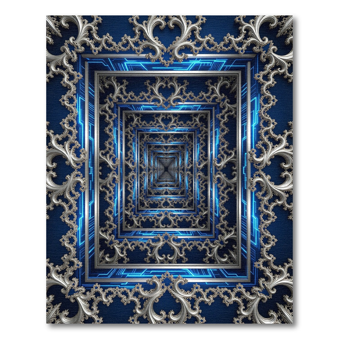 Neon Infinity Baroque Silver Blue Fractal Rug