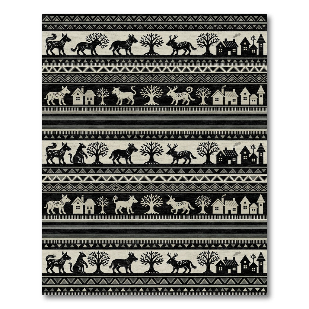 Tribal Village Animals Trees Black Beige Rug