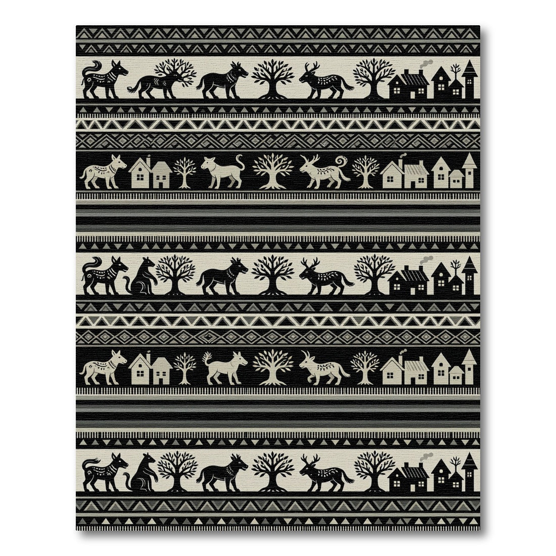 Tribal Village Animals Trees Black Beige Rug