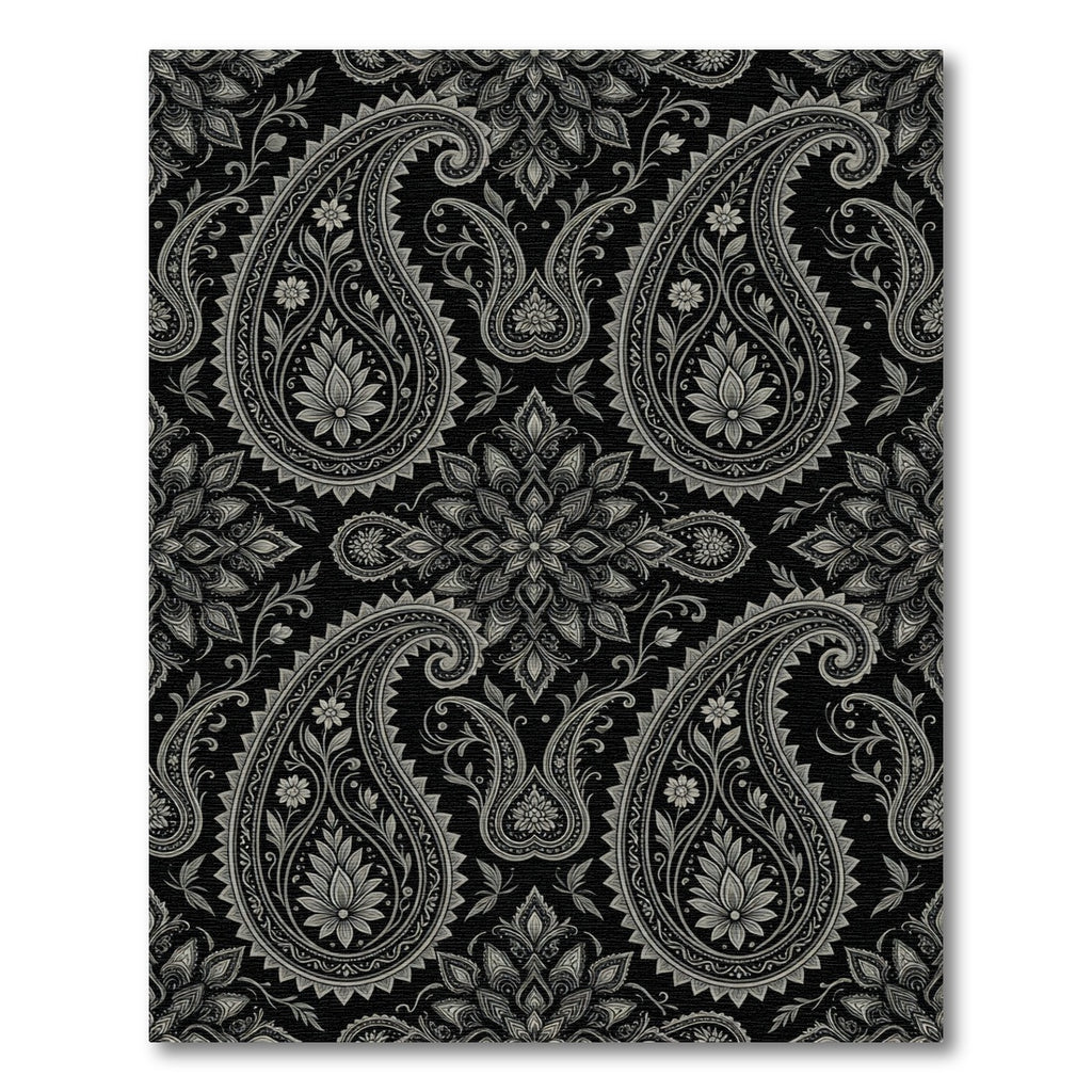 Black Silver Intricate Paisley Floral Rug