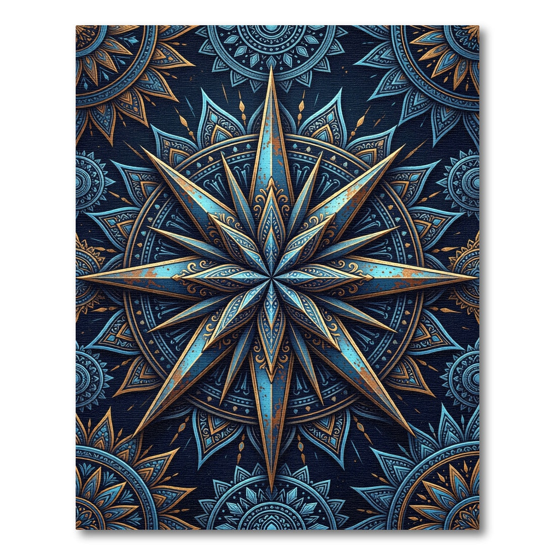 Ornate Blue Gold Mandala Star Rug