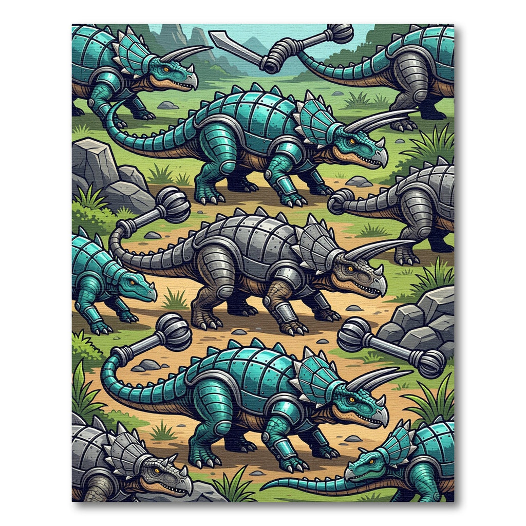 Teal Armored Triceratops Dinosaur Landscape Rug