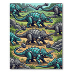 Teal Armored Triceratops Dinosaur Landscape Rug
