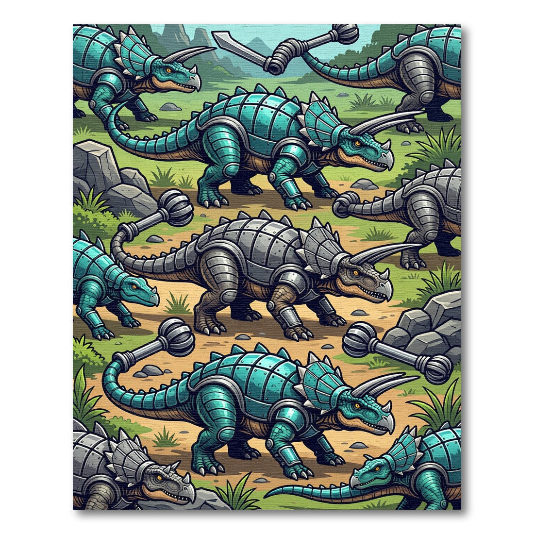 Teal Armored Triceratops Dinosaur Landscape Rug
