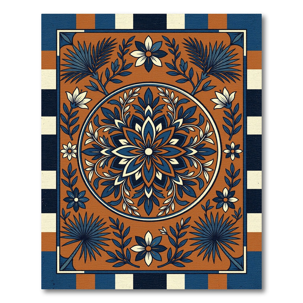 Terracotta Blue Floral Medallion Stripes Rug
