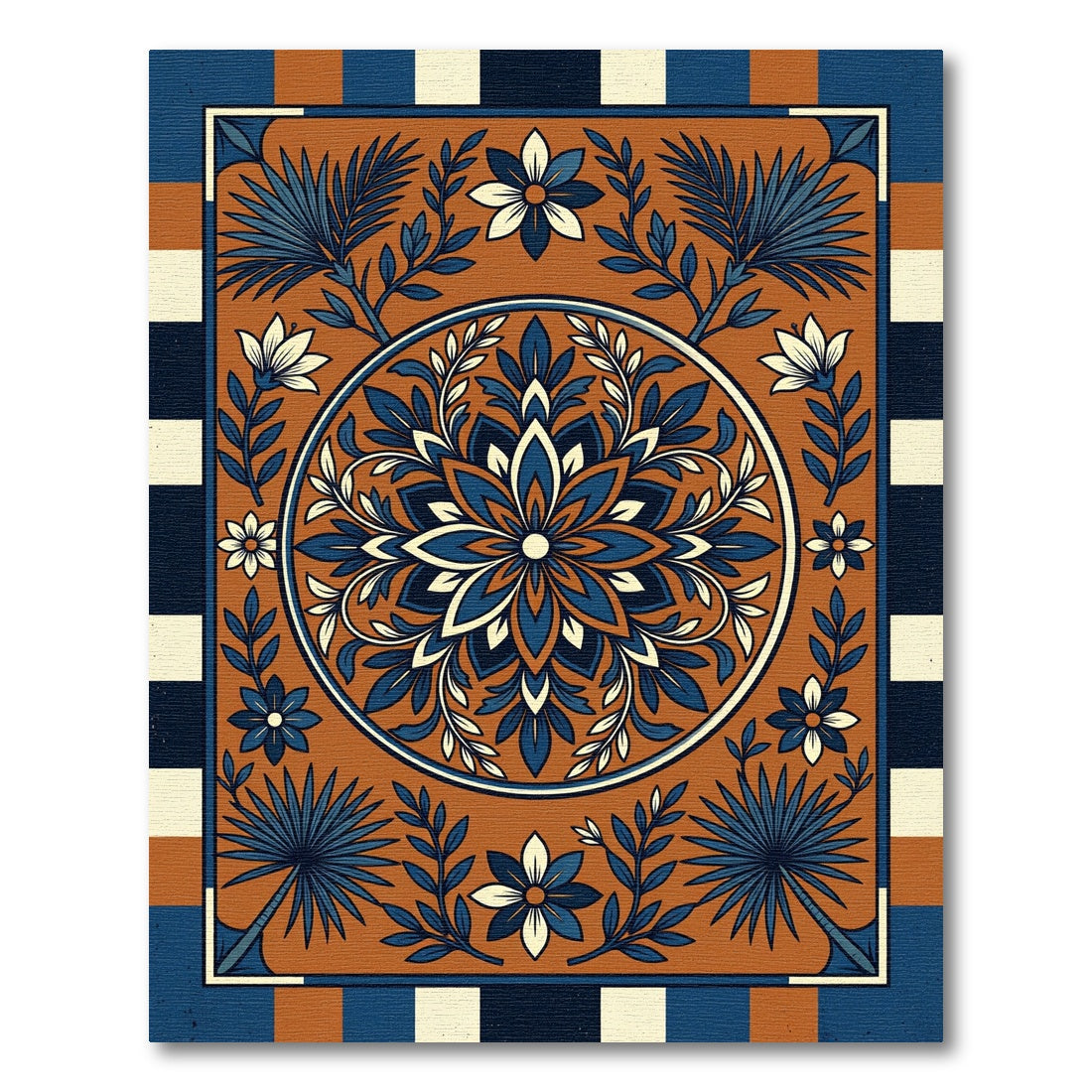 Terracotta Blue Floral Medallion Stripes Rug