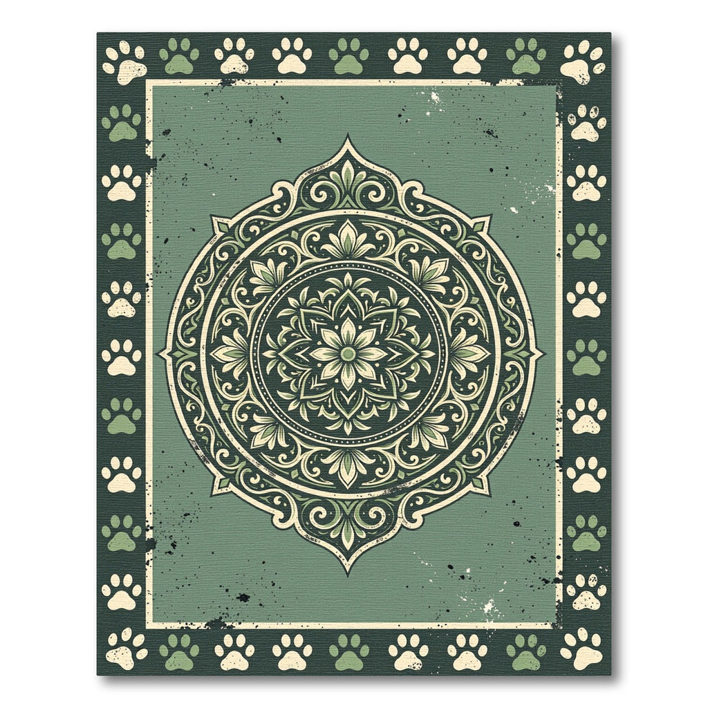 Sage Green Paw Print Floral Medallion Rug