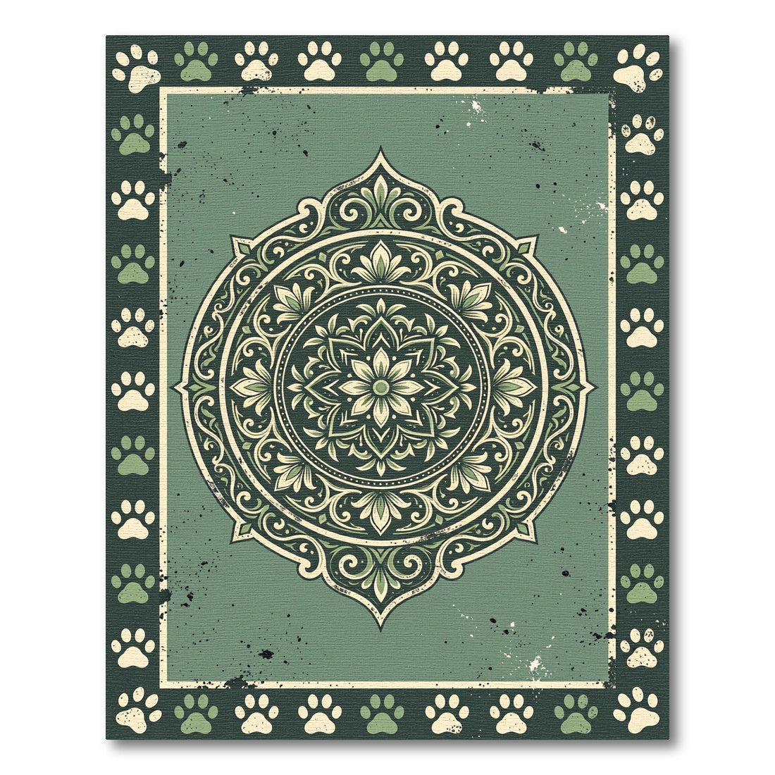 Sage Green Paw Print Floral Medallion Rug