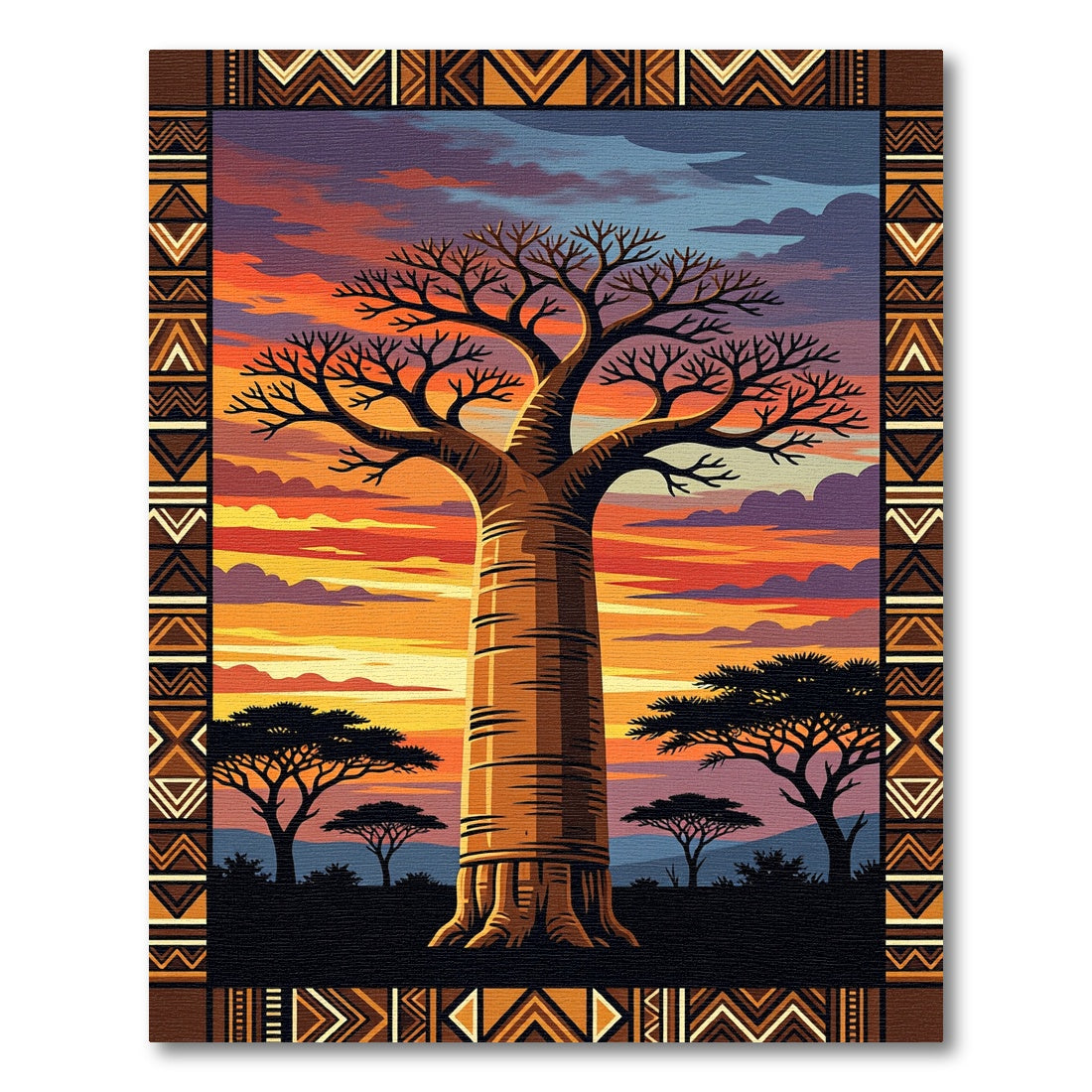 Sunset Baobab Tree African Geometric Border Rug