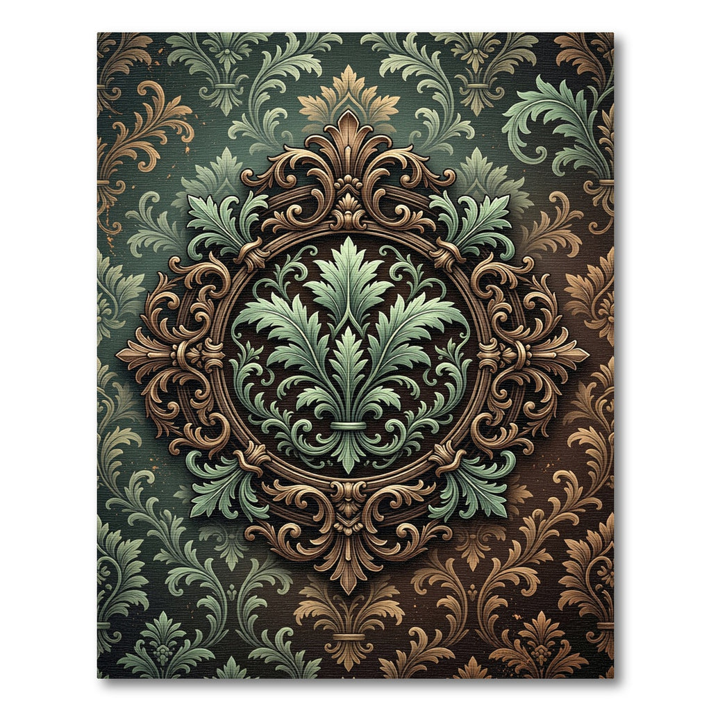 Elegant Sage Green Ornate Damask Medallion Rug