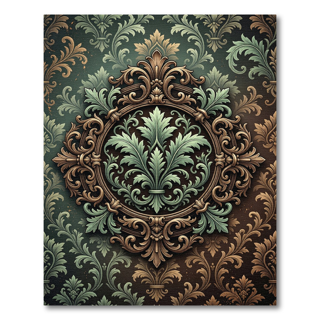 Elegant Sage Green Ornate Damask Medallion Rug