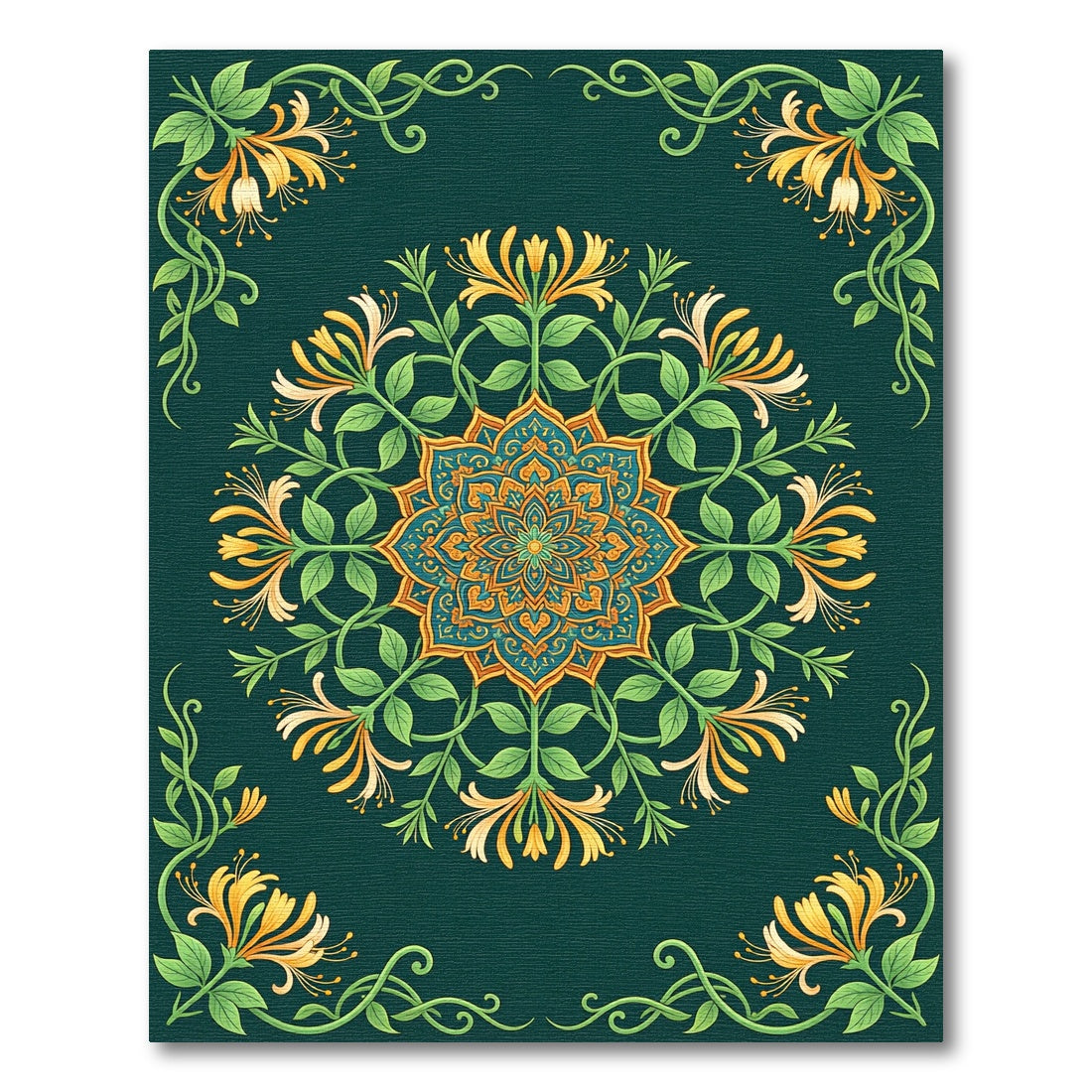 Teal Orange Vine Mandala Art Rug