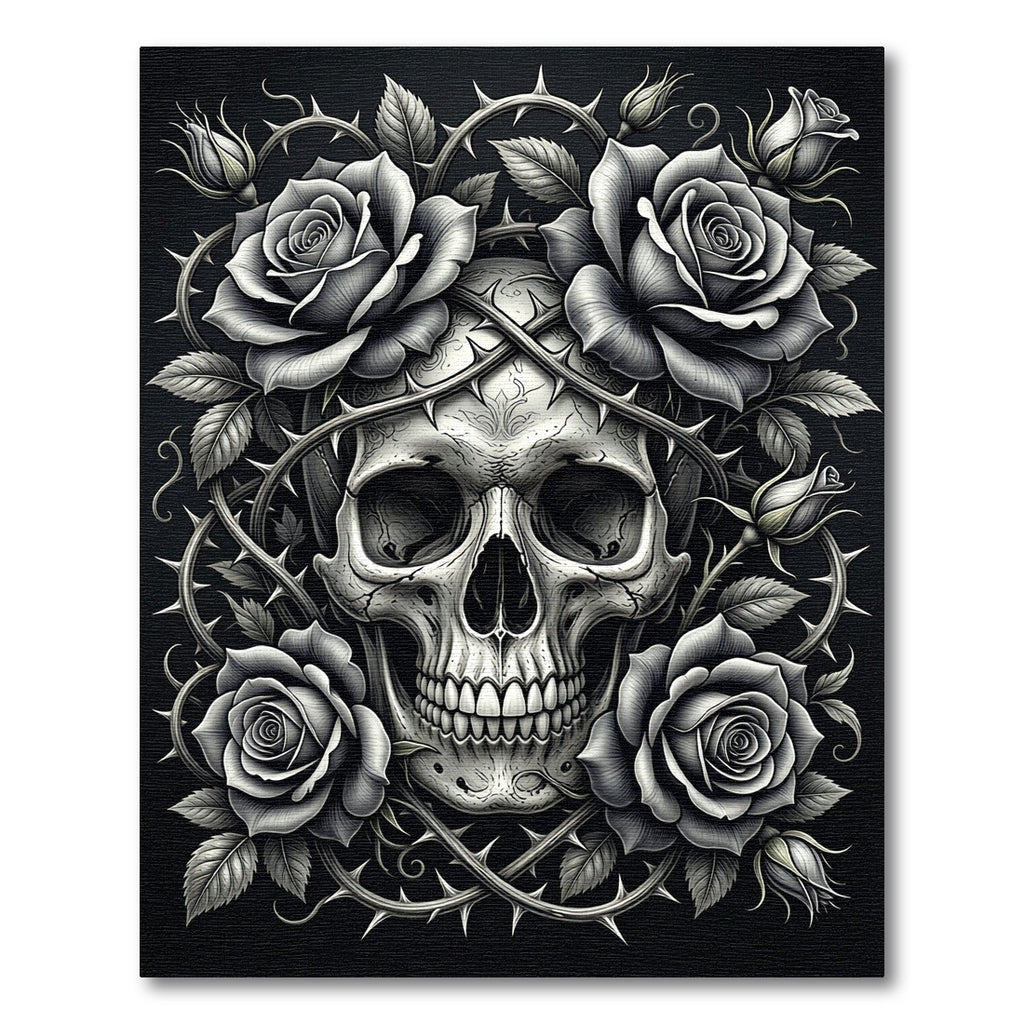 Monochrome Gothic Skull with Spiked Roses Rug