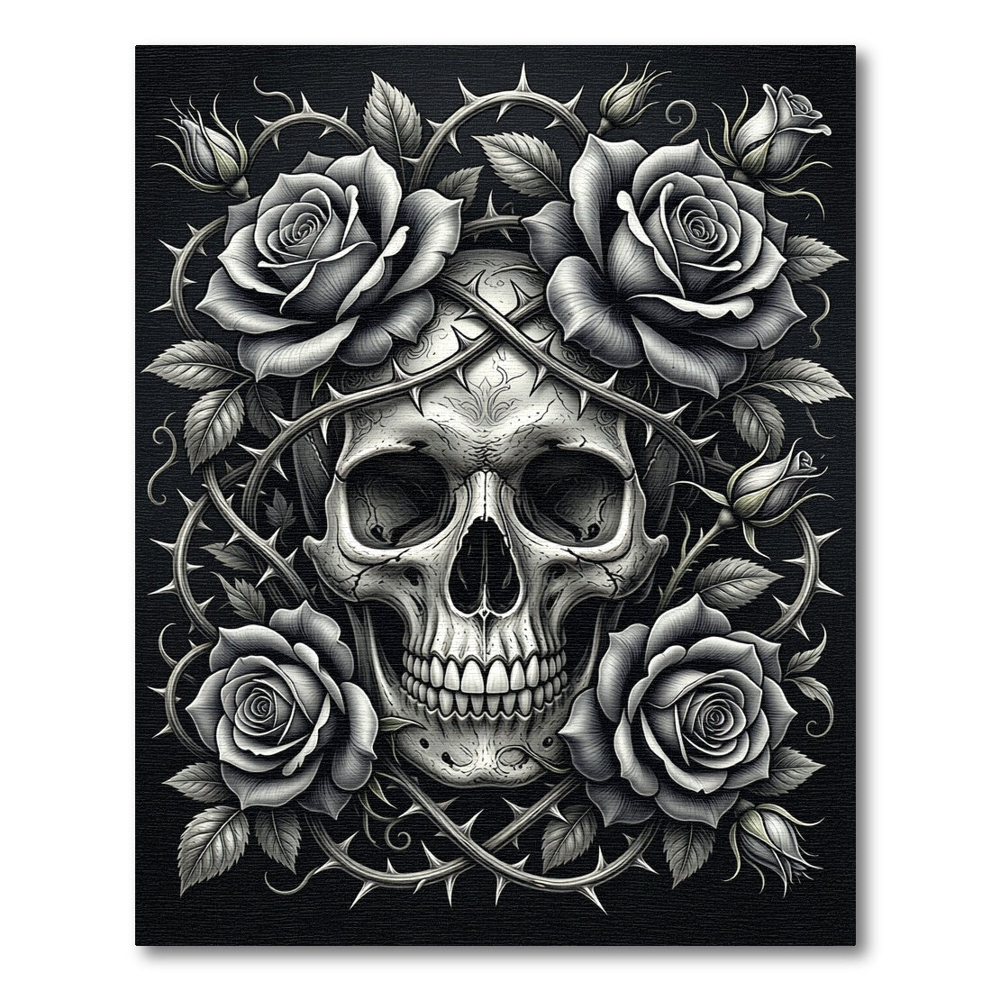 Monochrome Gothic Skull with Spiked Roses Rug