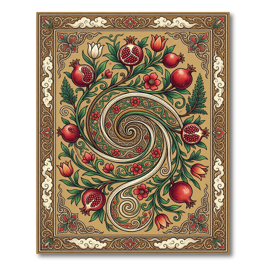 Golden Pomegranate Swirl Floral Art Rug