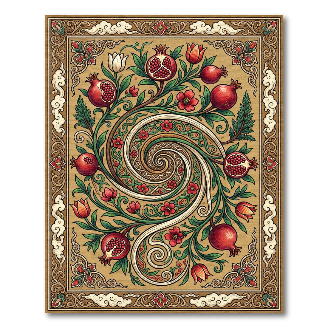 Golden Pomegranate Swirl Floral Art Rug