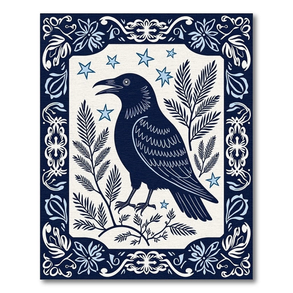 Dark Blue Crow Starry Night Border Rug