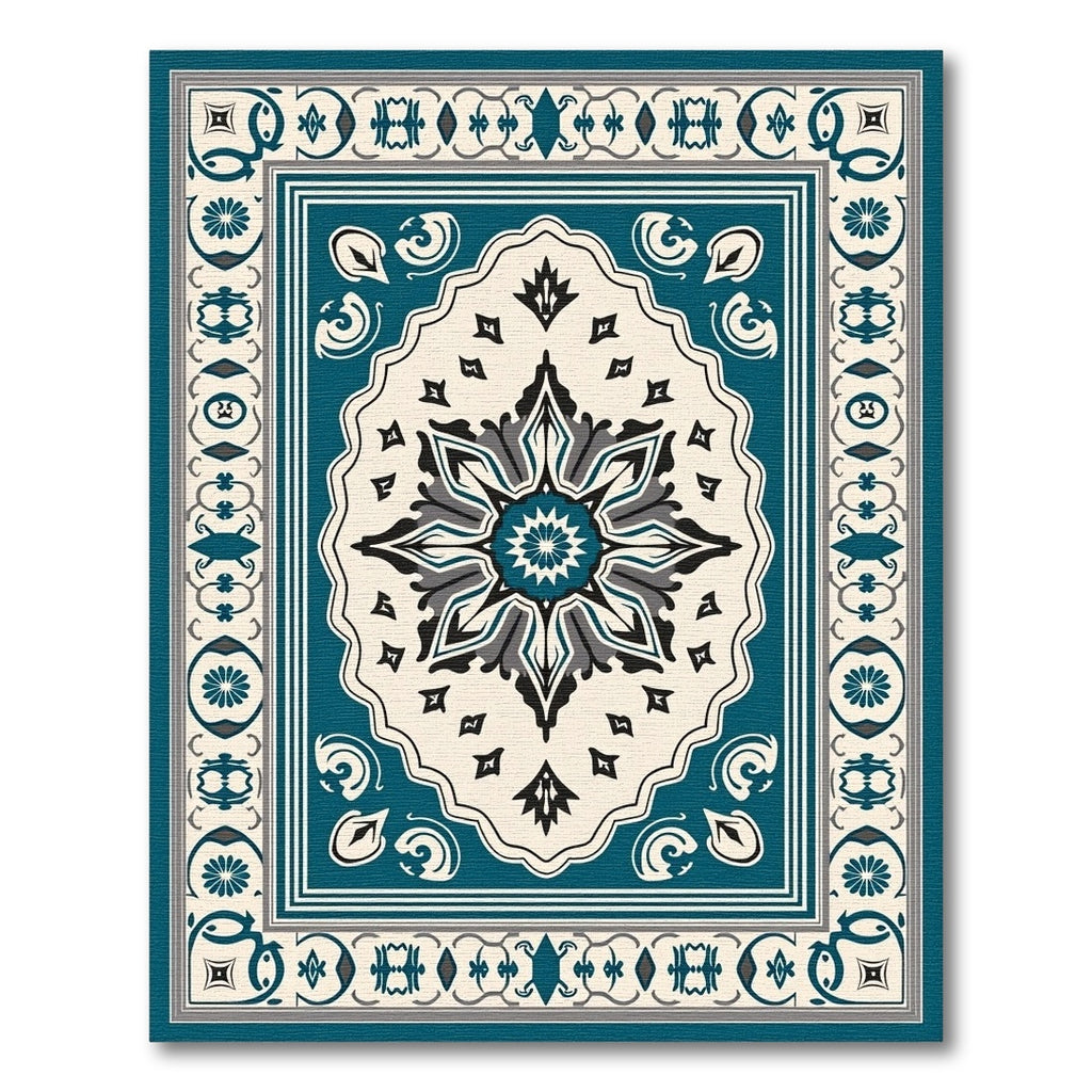 Teal Black Cream Medallion Border Rug