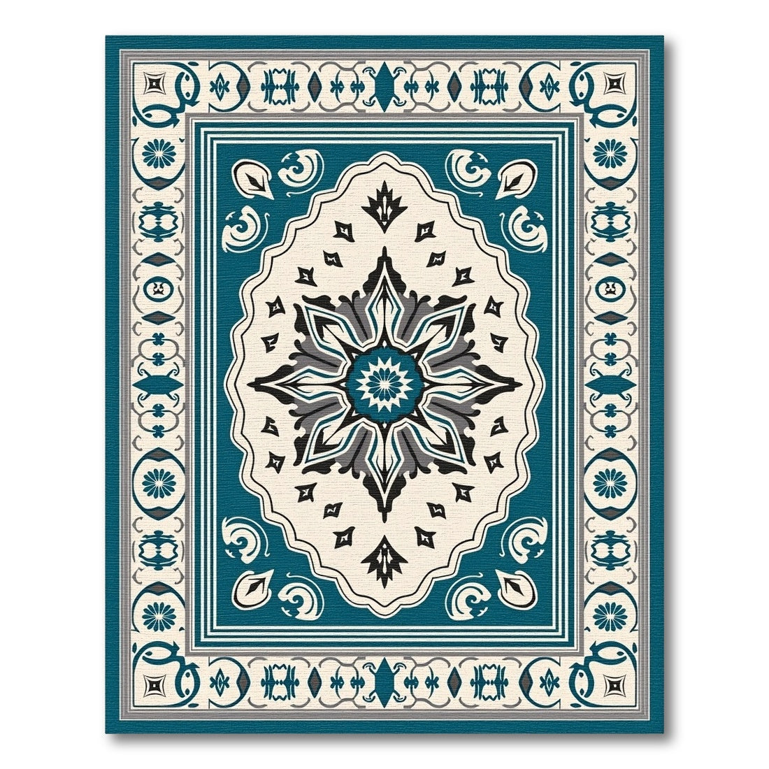 Teal Black Cream Medallion Border Rug