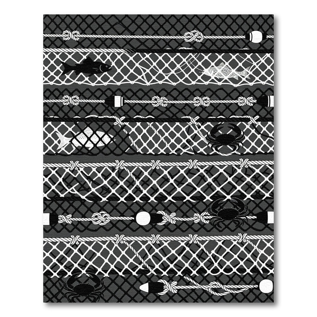 Monochrome Nautical Fish and Crab Grid Rug