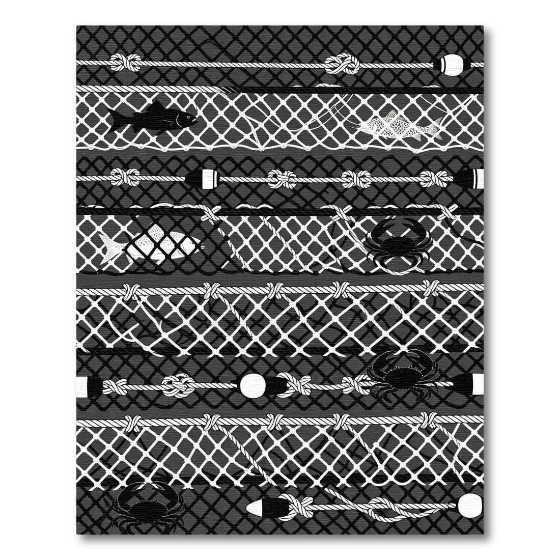 Monochrome Nautical Fish and Crab Grid Rug