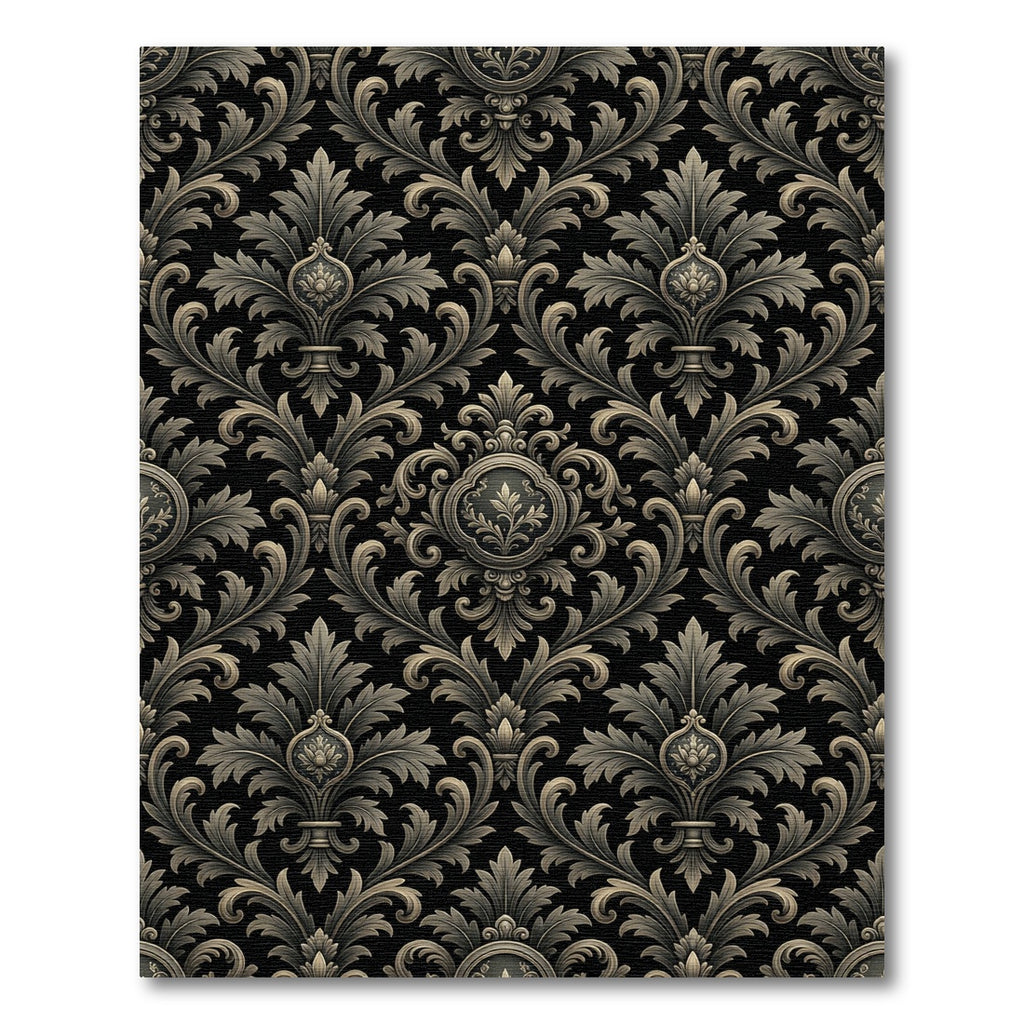 Ornate Charcoal Gold Damask Scroll Rug