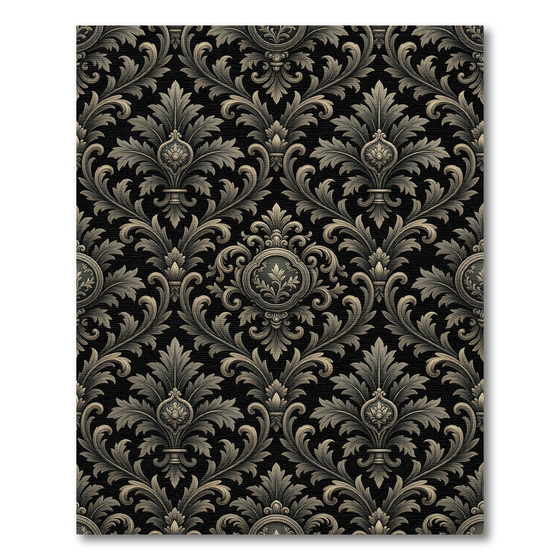 Ornate Charcoal Gold Damask Scroll Rug