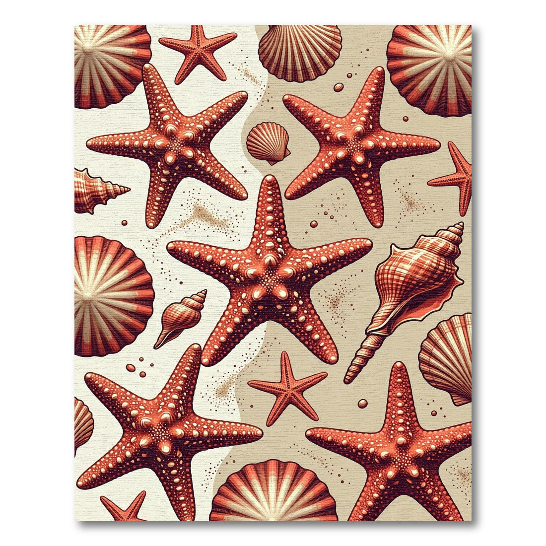 Coastal Red Starfish and Seashell Coral Rug