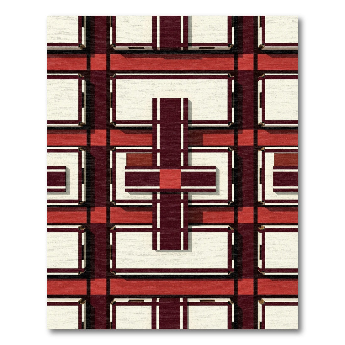 Deep Red Cream Plaid Grid Rug