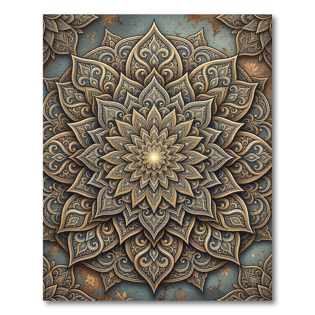 Gilded Slate Floral Mandala Medallion Rug