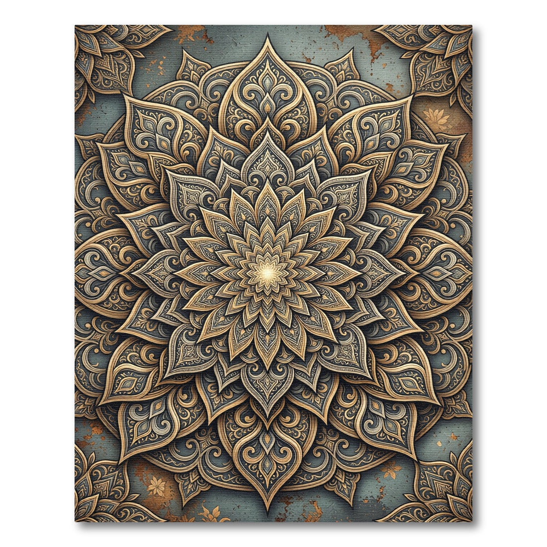 Gilded Slate Floral Mandala Medallion Rug