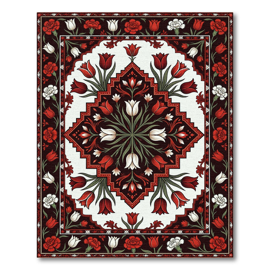 Crimson and White Floral Diamond Border Rug