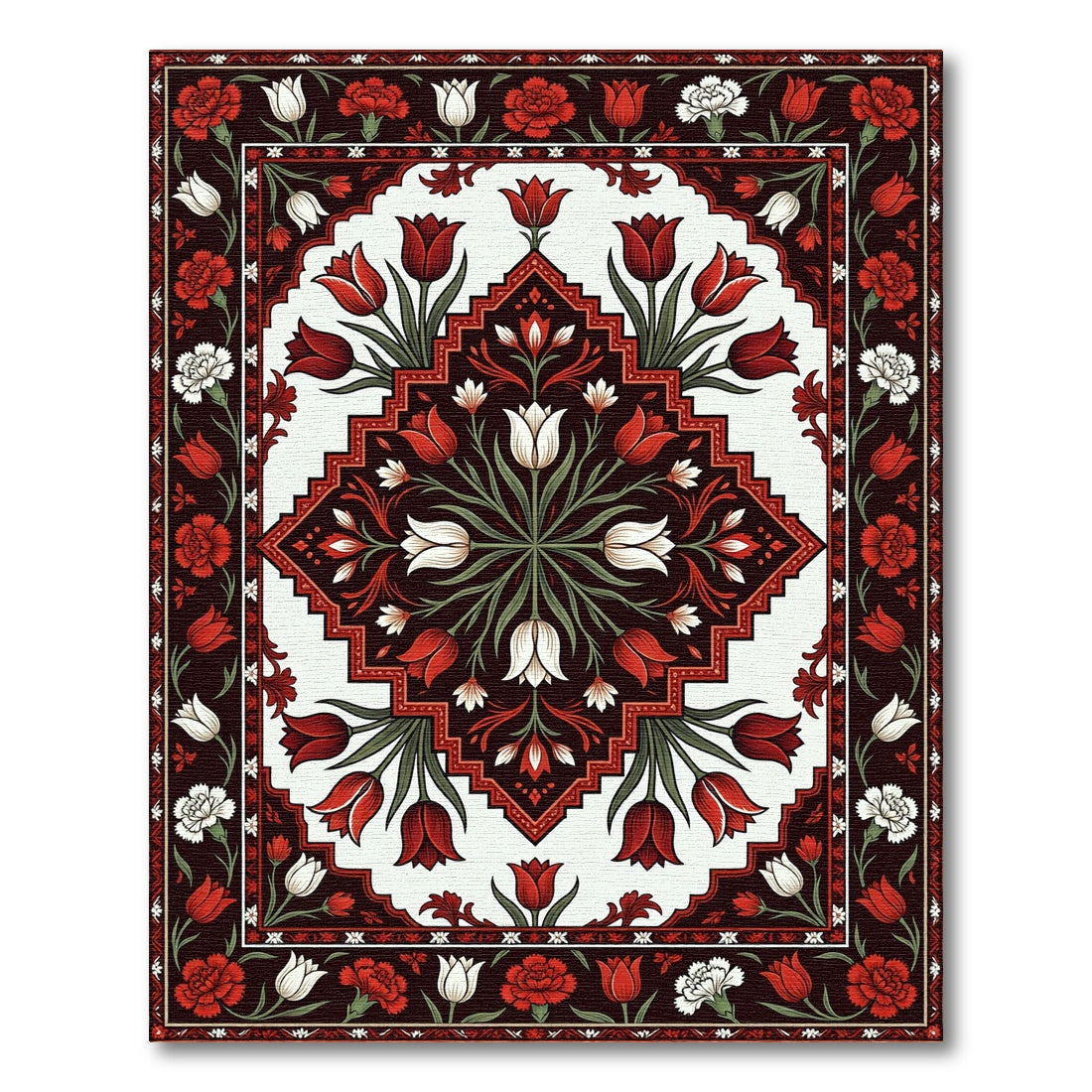Crimson and White Floral Diamond Border Rug