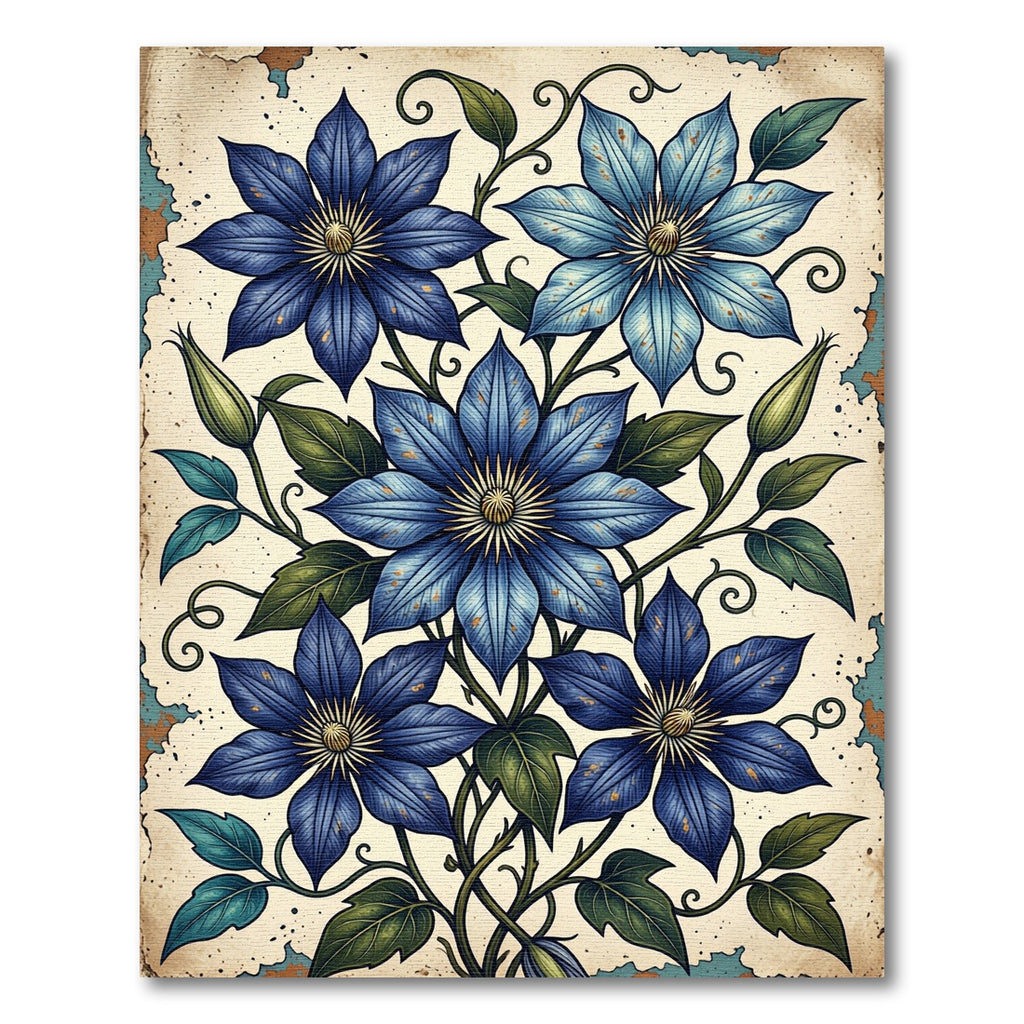 Antique Blue Clematis Floral Botanical Illustration Rug