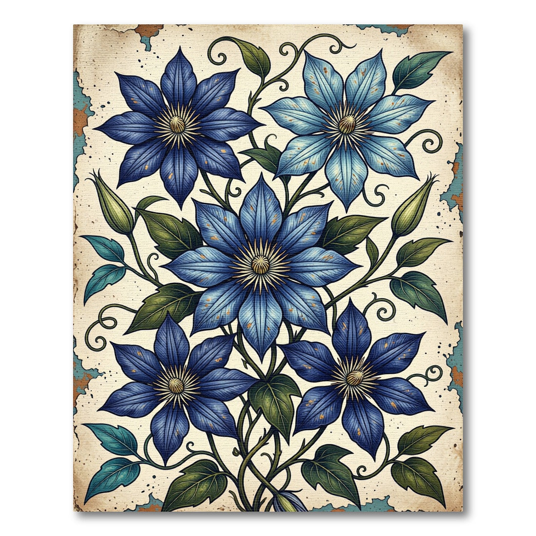 Antique Blue Clematis Floral Botanical Illustration Rug