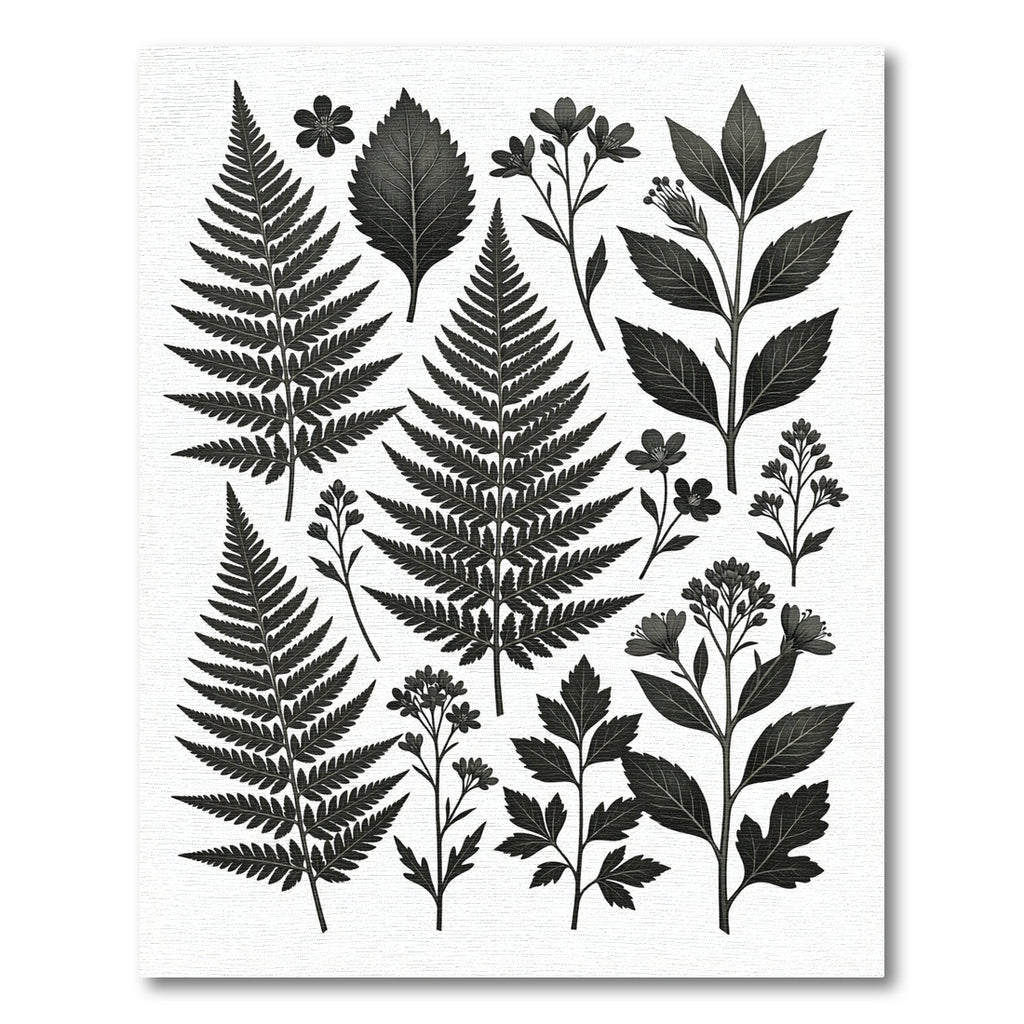 Monochrome Botanical Fern and Wildflower Illustration Rug