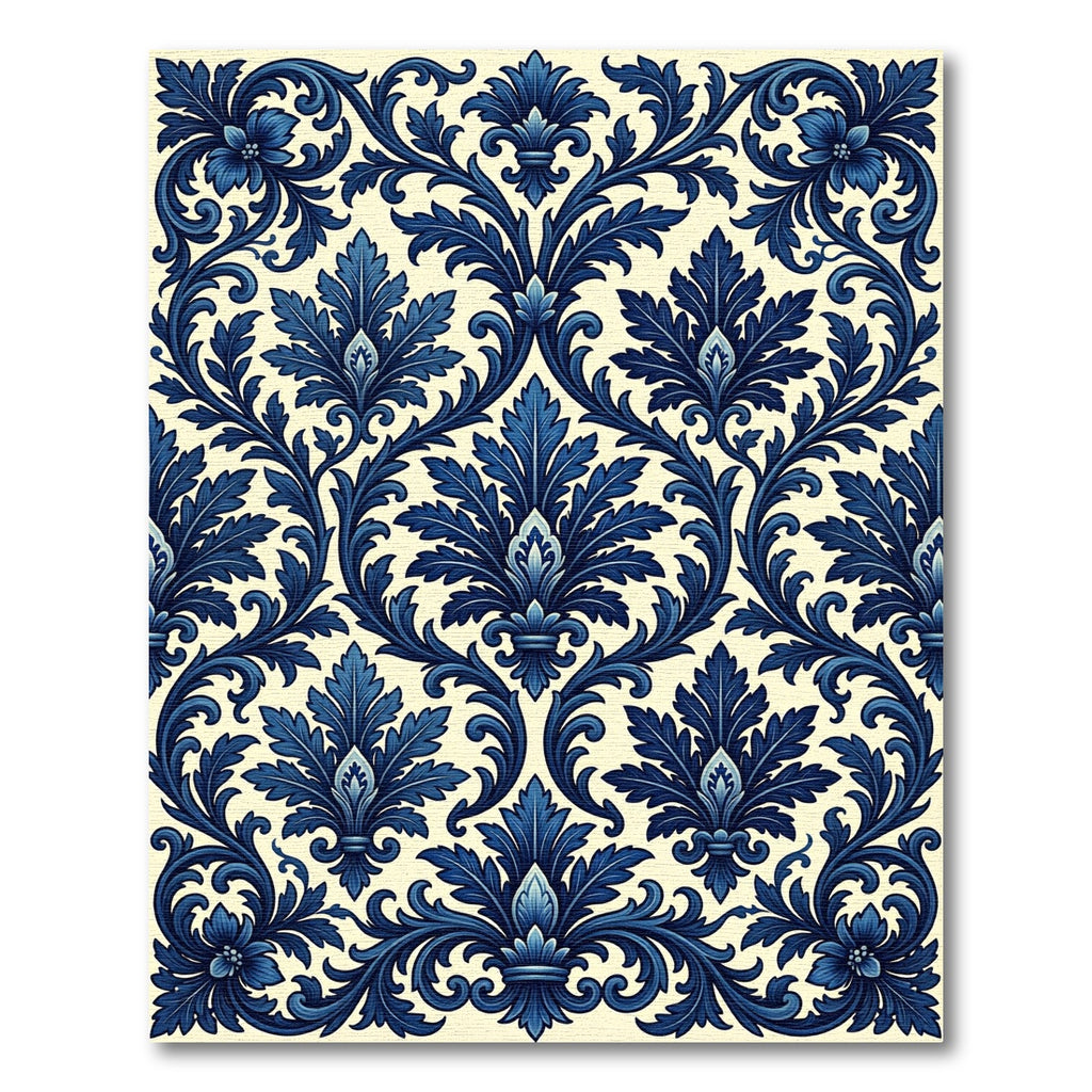 Elegant Navy Blue Damask Leaf Scroll Rug